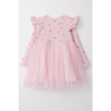 Breeze Kız Çocuk Uzun Kollu Elbise Çiçekli Fiyonklu Tüllü 1.5-5 Yaş, Pembe