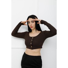 Glamfit Sahte Düğmeli Mini Crop Bady Kahve - P-020494