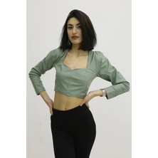 Glamfit Sırt Lastikli Dekolteli Deri Bluz Yeşil - P-019690