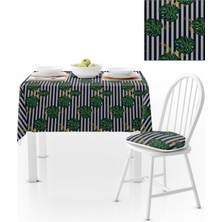 BenimOl Yaprak Desenli  Siyah Beyaz Çizgili Masa Örtüsü 140x140