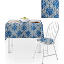 BenimOl Damask Desenli Mavi Beyaz Masa Örtüsü 140x140