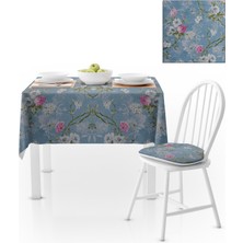 BenimOl Sarmaşık Çiçek Desenli Mavi Zemin Pembe Masa Örtüsü 140x140