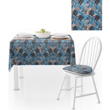 BenimOl Yaprak Desenli Mavi Siyah Beyaz Masa Örtüsü 140x140