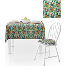 BenimOl Palmiye Yapraklı Tropikal Ananas Desenli Beyaz Zemin Yeşil Masa Örtüsü 140x140