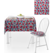 BenimOl Zambak Desenli Beyaz Zemin Kırmızı Mavi Masa Örtüsü 140x260