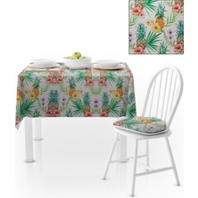 BenimOl Tropikal Ananas Yaprak Desenli Beyaz Zemin Sarı Pembe Çiçekli Masa Örtüsü 140x260
