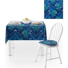 BenimOl Yaprak Desenli Beyaz Zemin Mavi Yapraklı Masa Örtüsü 120x140