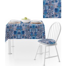 BenimOl Geometrik Desenli Mavi Lacivert Kadife Dokulu 120x180 Masa Örtüsü