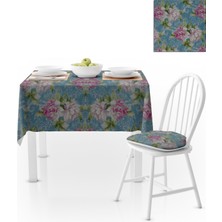 BenimOl Sarmaşık Gül Desenli Mavi Zemin Pembe Yeşil Masa Örtüsü 140x220