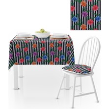 BenimOl Çiçek Desenli Çizgili Mavi Kırmızı Mor Çiçekli Masa Örtüsü 140x260