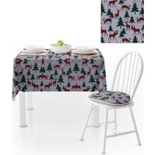 BenimOl Yılbaşı Ağacı Geyik Desenli Beyaz Zemin Masa Örtüsü 120x140