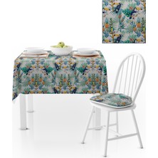 BenimOl Tropikal Papağan Yaprak Desenli Beyaz Zemin Masa Örtüsü 140x220