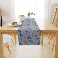 BenimOl Çiçek Desenli Mavi Hardal Modern Kadife Dokulu Runner 40x180