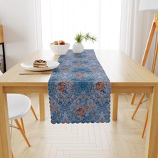 BenimOl Damask Desenli Mavi Zemin Modern Kadife Dokulu Runner 40x180