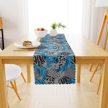 BenimOl Yaprak Desenli Mavi Siyah Beyaz Runner 40x140