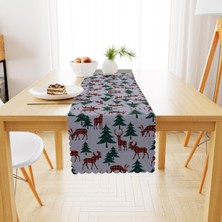 BenimOl Yılbaşı Ağacı Geyik Desenli Beyaz Zemin Runner 40x140