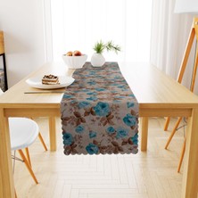 BenimOl Gül Desenli Çikolata Yapraklı Krem Turkuaz Runner 40x140