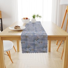 BenimOl Gül Desenli Mavi Hardal Kadife Dokulu Runner 40x180