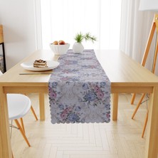 BenimOl Gül Desenli Mavi Modern Kadife Dokulu Runner 40x180