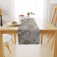 BenimOl Sarmaşık Çiçek Desenli Gri Zemin Mavi Tarçın Runner 40x140