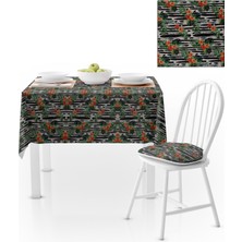 BenimOl Yaprak Desenli Siyah Beyaz Zemin Turuncu Yeşil Masa Örtüsü 140x180