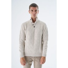 Trist Star Erkek Bej Yarım Balıkçı Düğmeli Saç Örgülü Yün Triko Örme Kazak TRIST-5334