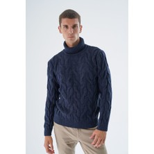 Trist Star Erkek Lacivert Balıkçı Yaka Pirinç Saç Örgülü Yün Triko Örme Kazak TRIST-5337