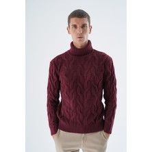 Trist Star Erkek Bordo Balıkçı Yaka Pirinç Saç Örgülü Yün Triko Örme Kazak TRIST-5337