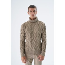 Trist Star Erkek Vizon Balıkçı Yaka Pirinç Saç Örgülü Yün Triko Örme Kazak TRIST-5337