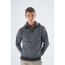 Trist Star Erkek Antrasit Kamyon Yaka Jakarlı Üç Renkli Fermuarlı Yün Triko Örme Kazak TRIST-5340