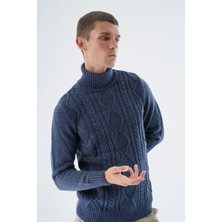 Trist Star Erkek Lacivert Balıkçı Yaka Yürütme Saç Örgülü Yün Triko Örme Kazak TRIST-5336