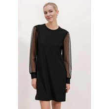 Kadın Siyah Bisiklet Yaka Tül Kollu Mini Elbise HZL24S-BD124671