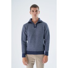 Trist Star Erkek Lacivert Kamyon Yaka Jakarlı Üç Renkli Fermuarlı Yün Triko Örme Kazak TRIST-5340