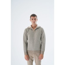 Trist Star Erkek Vizon Kamyon Yaka Jakarlı Üç Renkli Fermuarlı Yün Triko Örme Kazak TRIST-5340