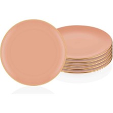 Pasta Tabağı 6lı Set Somon Basic Gold Detay Pembe Porselen 19 Cm