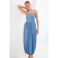 Kadın Mavi Ayarlanabilir Askılı Paçası Lastikli Slopet Elbise HZL24S-BD124921