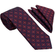 Brianze Bordo Lacivert Kare Motif Desen Kravat Mendil Set