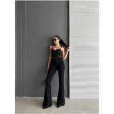 ByCukurovaFrango Leo Max Vega Julia 90's Solmayan Siyah Yüksek Bel Ispanyol Paça Comfort Likralı Jeans Pantolon