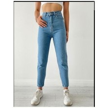 ByCukurovaFrango Orta Açık Mavi Likralı Mom Süper Yüksek Bel Mom Jeans