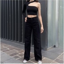 ByCukurovaFrango Julia Yüksek Bel Siyah Wıde Leg Jeans Likralı Palazzo Kot Pantolon