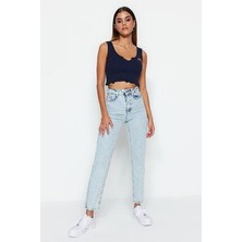 ByCukurovaFrango Monera Yüksek Bel Kar Yıkama Mavi Yüksek Bel Likralı Mom Jeans 2024