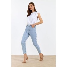 ByCukurovaFrango Indigo Kar Mavi Mom Jean Yüksek Bel Detay Boyfriend Kot Mavi