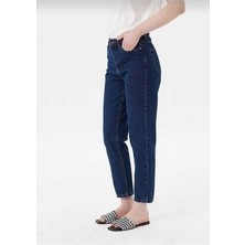 Geenz Manifacture Ngbutika Koyu Mavi Mom Jeans Likralı Yüksek Bel Mom Kot Pantolon Ekstra Esnek