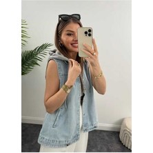 Vess Moda Kadın Kapüşonlu Mavi Basic Jean Kot Yelek Şık ve Rahat Tasarım