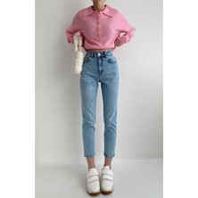 ByCukurovaFrango Mom Jeans Orta Mavi Mom Yüksek Bel Kot Pantolon Likralı Solmaz Ekstra 2024