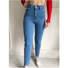 ByCukurovaFrango Orta Mavi Yüksek Bel Mom Jean Kot Pantolon 1 Beden Büyük Alınız