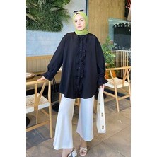 Lamelif Oversize Siyah Fırfırlı Tunik Kadın S Beden Şık ve Rahat Tasarım