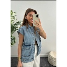 Vess Moda Kadın Salaş Mavi Jean Kot Yelek Lüx Kalite Şık Tasarım Özellikli