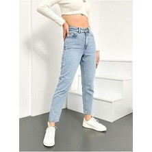 ByCukurovaFrango Buz Mavi Kar Yıkama Mom Jeans Likralı Yüksek Bel Kot PANTOLON2024