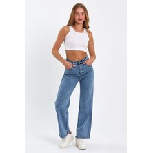 ByCukurovaFrango Indiana 90's Kar Yıkama Mavi Likralı Süper Yüksek Bel Wide Leg Salaş Jeans Palazzo Pantolon